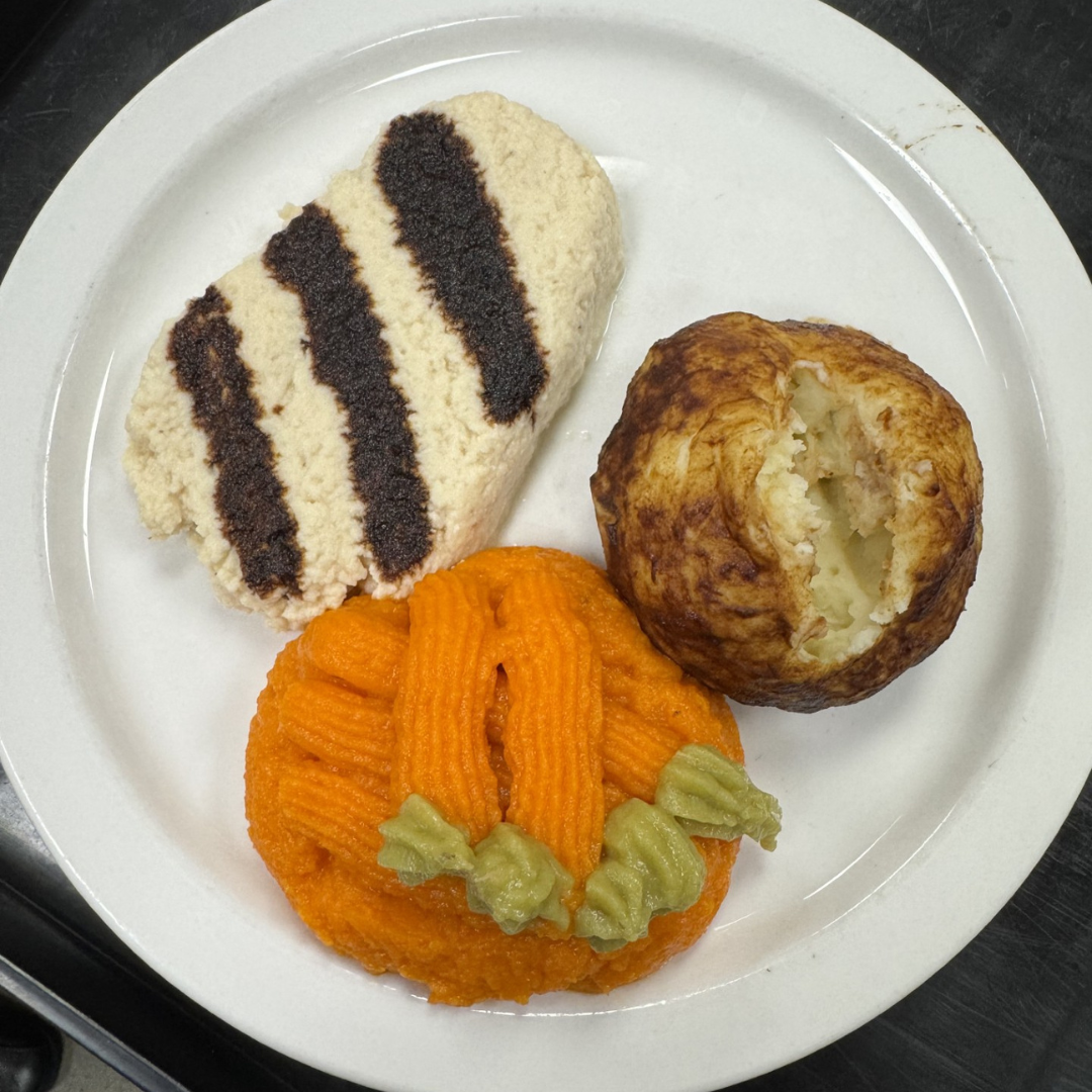 pureed chicken, carrots, and baked potato